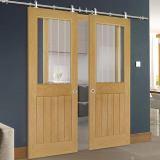 Image: Sirius Tubular Stainless Steel Sliding Track & Ely 1L Top Pane Oak Double Door - Clear Etched Glass - Unfinished