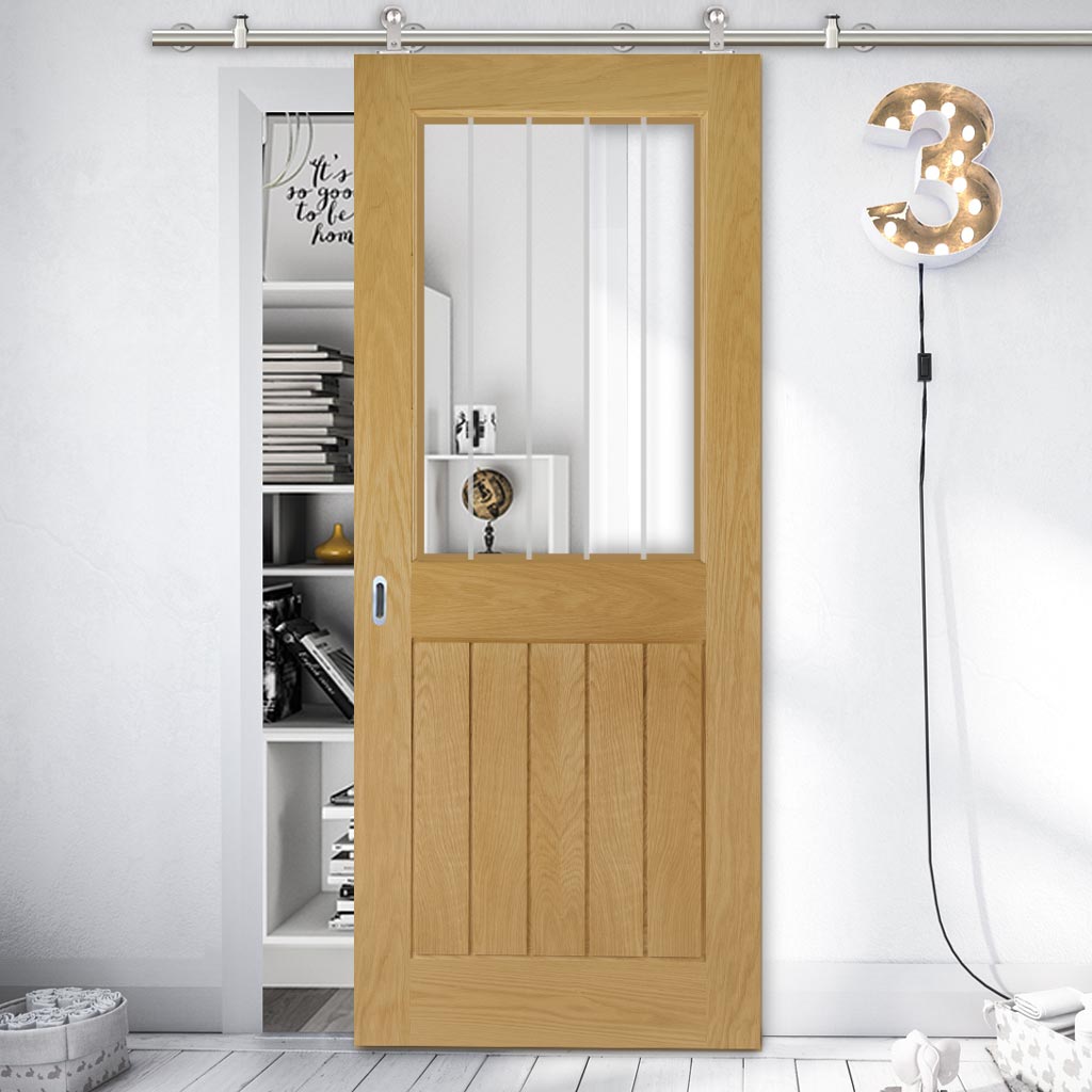 Sirius Tubular Stainless Steel Sliding Track & Ely 1L Top Pane Oak Door - Clear Etched Glass - Unfinished