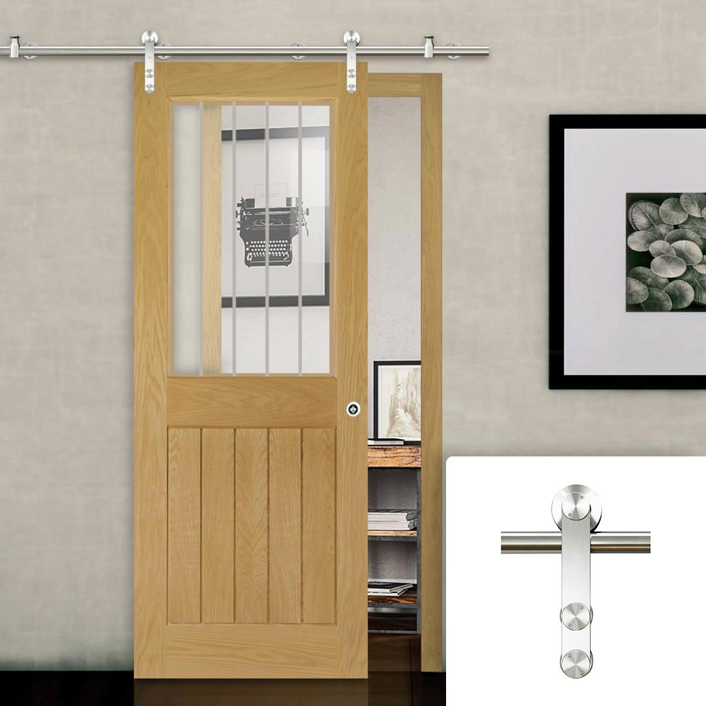 Saturn Tubular Stainless Steel Sliding Track & Ely 1L Top Pane Oak Door - Clear Etched Glass - Unfinished