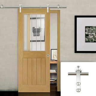 Image: Saturn Tubular Stainless Steel Sliding Track & Ely 1L Top Pane Oak Door - Clear Etched Glass - Unfinished