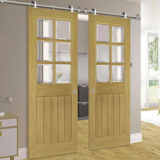 Image: Sirius Tubular Stainless Steel Sliding Track & Ely Oak Double Door - Clear Bevelled Glass - Prefinished