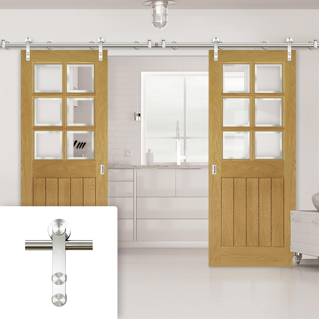 Saturn Tubular Stainless Steel Sliding Track & Ely Oak Double Door - Clear Bevelled Glass - Prefinished
