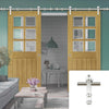 Saturn Tubular Stainless Steel Sliding Track & Ely Oak Double Door - Clear Bevelled Glass - Unfinished