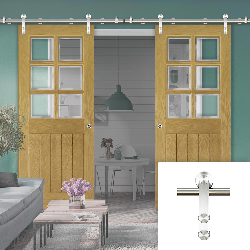 Saturn Tubular Stainless Steel Sliding Track & Ely Oak Double Door - Clear Bevelled Glass - Unfinished