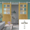 Saturn Tubular Stainless Steel Sliding Track & Ely Oak Double Door - Clear Bevelled Glass - Unfinished