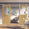 Saturn Tubular Stainless Steel Sliding Track & Ely 1L Top Pane Oak Double Door - Clear Etched Glass - Unfinished