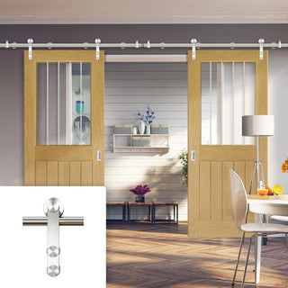Image: Saturn Tubular Stainless Steel Sliding Track & Ely 1L Top Pane Oak Double Door - Clear Etched Glass - Unfinished