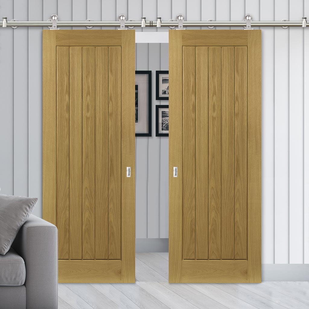 Sirius Tubular Stainless Steel Sliding Track & Ely Oak Double Door - Prefinished