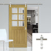 Saturn Tubular Stainless Steel Sliding Track & Ely Oak Door - Clear Bevelled Glass - Prefinished