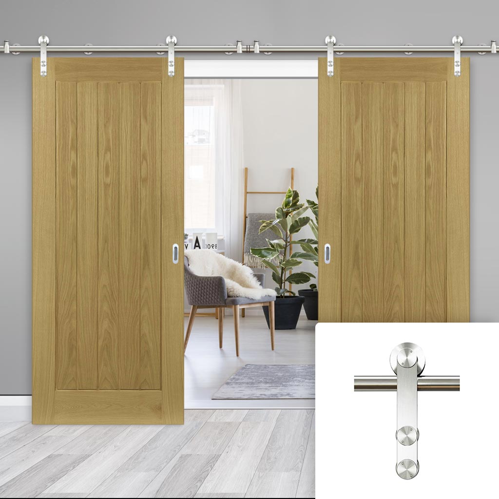 Saturn Tubular Stainless Steel Sliding Track & Ely Oak Double Door - Prefinished