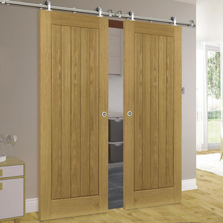 Image: Sirius Tubular Stainless Steel Sliding Track & Ely Oak Double Door - Unfinished