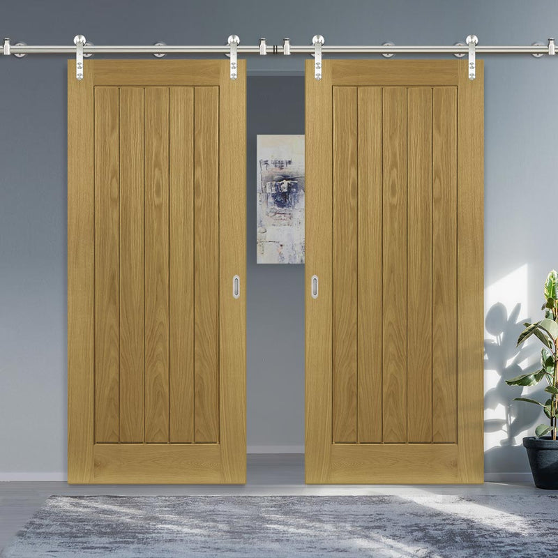 Saturn Tubular Stainless Steel Sliding Track & Ely Oak Double Door - Unfinished
