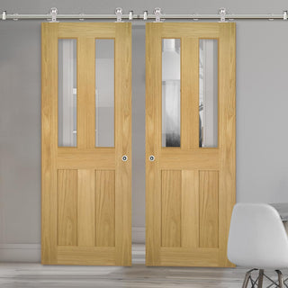 Image: Sirius Tubular Stainless Steel Sliding Track & Eton Oak Double Door - Clear Glass - Unfinished