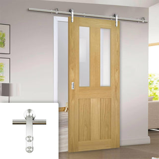 Image: Saturn Tubular Stainless Steel Sliding Track & Eton Oak Door - Clear Glass - Unfinished