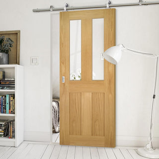 Image: Sirius Tubular Stainless Steel Sliding Track & Eton Oak Door - Clear Glass - Unfinished