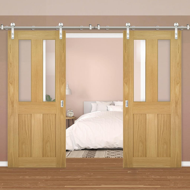 Saturn Tubular Stainless Steel Sliding Track & Eton Oak Double Door - Clear Glass - Unfinished