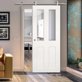 Image: Sirius Tubular Stainless Steel Sliding Track & Eton Victorian Shaker Door - Clear Glass - Primed