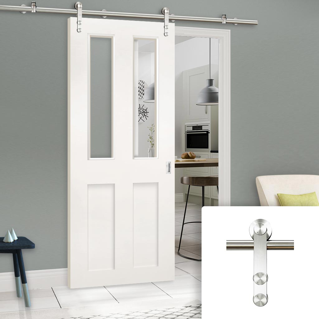 Saturn Tubular Stainless Steel Sliding Track & Eton Victorian Shaker Door - Clear Glass - Primed