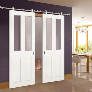 Image: Sirius Tubular Stainless Steel Sliding Track & Eton Victorian Shaker Double Door - Clear Glass - Primed