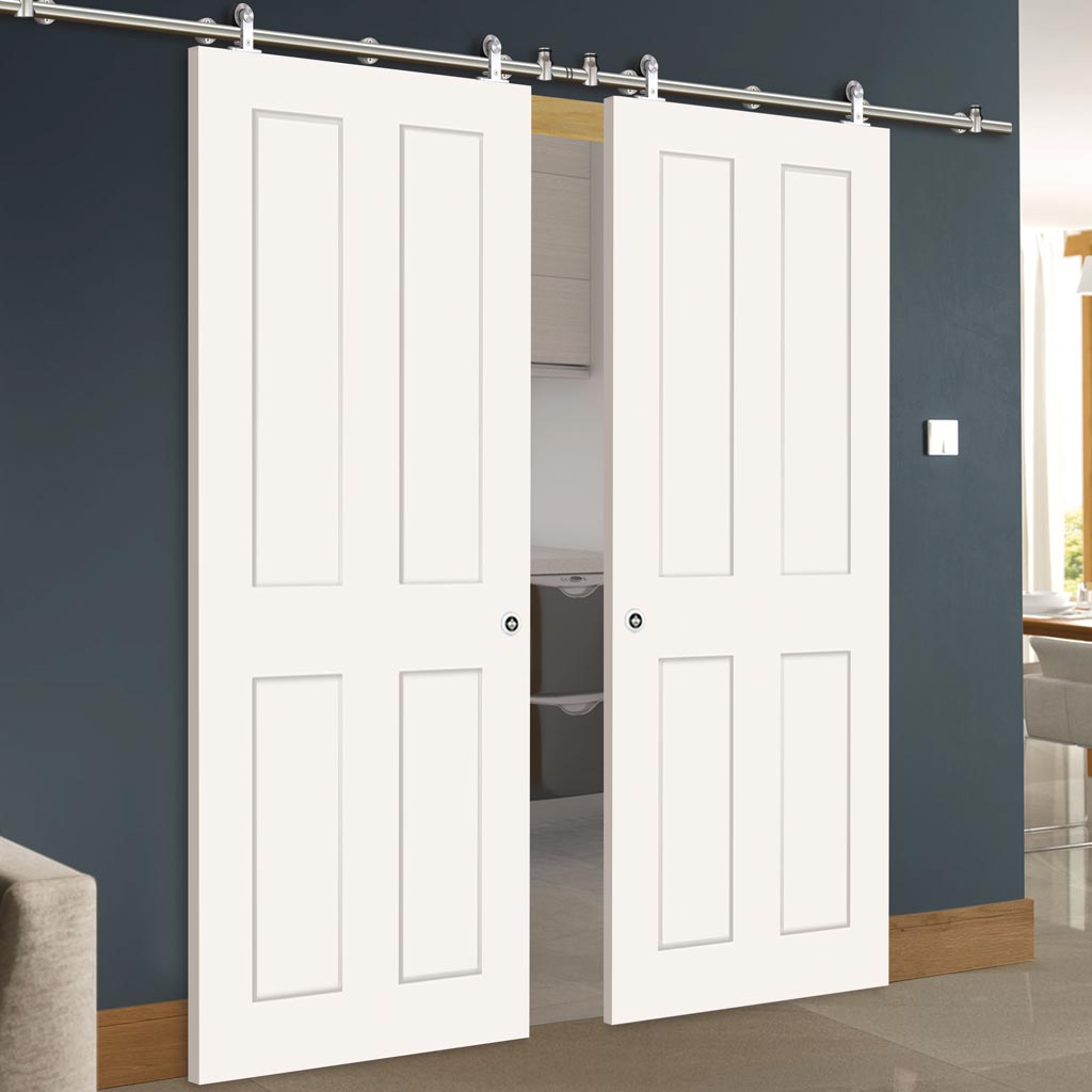 Sirius Tubular Stainless Steel Sliding Track & Eton Victorian Shaker Double Door - Primed