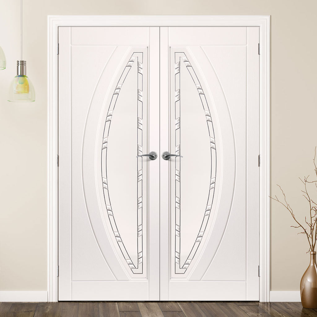 Gemini Lightly Grained PVC Door Pair - Prism Style Sandblasted Glass