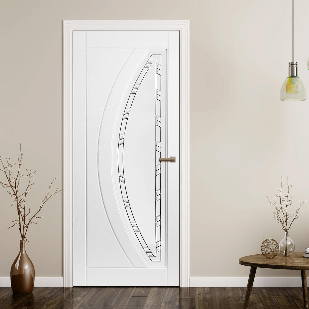 White PVC gemini lightly grained door prism style glass