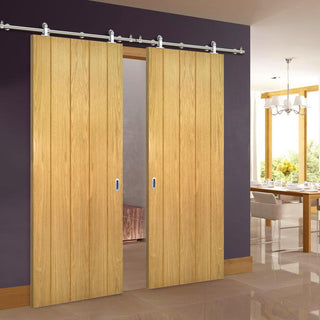 Image: Sirius Tubular Stainless Steel Sliding Track & Galway Oak Double Door - Unfinished