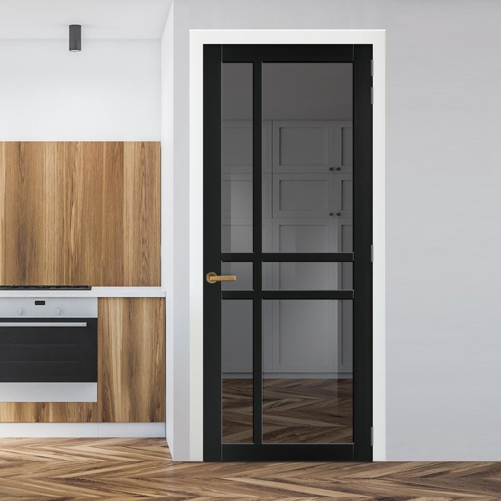 Glasgow 6 Pane Solid Wood Internal Door UK Made DD6314 - Tinted Glass - Eco-Urban® Shadow Black Premium Primed