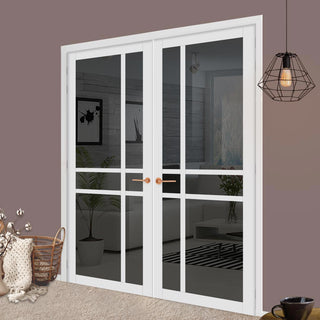 Image: Glasgow 6 Pane Solid Wood Internal Door Pair UK Made DD6314 - Tinted Glass - Eco-Urban® Cloud White Premium Primed