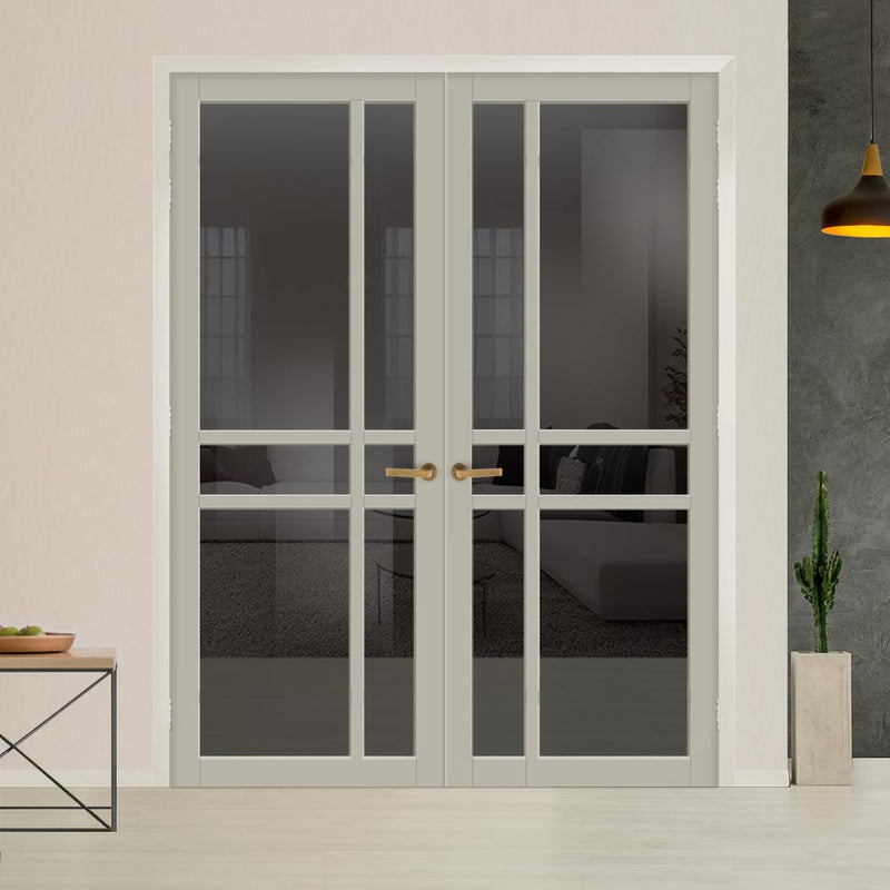 Glasgow 6 Pane Solid Wood Internal Door Pair UK Made DD6314 - Tinted Glass - Eco-Urban® Mist Grey Premium Primed
