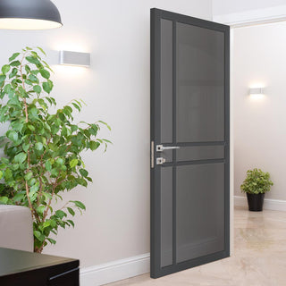 Image: Glasgow 6 Pane Solid Wood Internal Door UK Made DD6314 - Tinted Glass - Eco-Urban® Stormy Grey Premium Primed