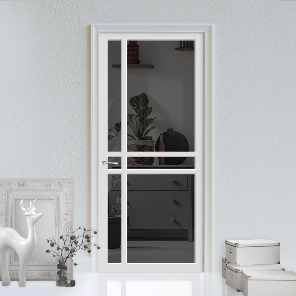Glasgow 6 Pane Solid Wood Internal Door UK Made DD6314 - Tinted Glass - Eco-Urban® Cloud White Premium Primed
