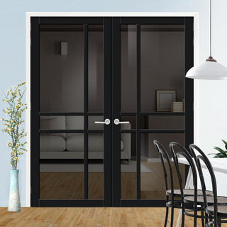 Image: Glasgow 6 Pane Solid Wood Internal Door Pair UK Made DD6314 - Tinted Glass - Eco-Urban® Shadow Black Premium Primed