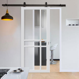 Image: Top Mounted Black Sliding Track & Solid Wood Door - Eco-Urban® Glasgow 6 Pane Solid Wood Door DD6314G - Clear Glass - Cloud White Premium Primed