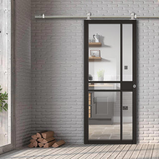 Image: Sirius Tubular Stainless Steel Sliding Track & Greenwich Door - Clear Glass - Black Painted - Prefinished
