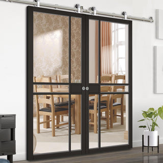 Image: Sirius Tubular Stainless Steel Sliding Track & Greenwich Double Door - Clear Glass - Black Primed