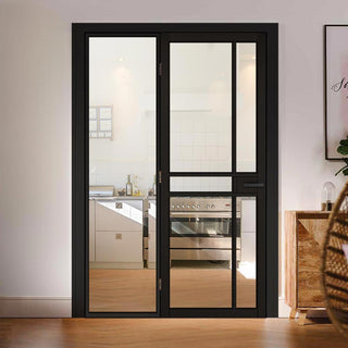 Image: ThruEasi Black Room Divider - Greenwich Primed Clear Glass Unfinished Door with Full Glass Side
