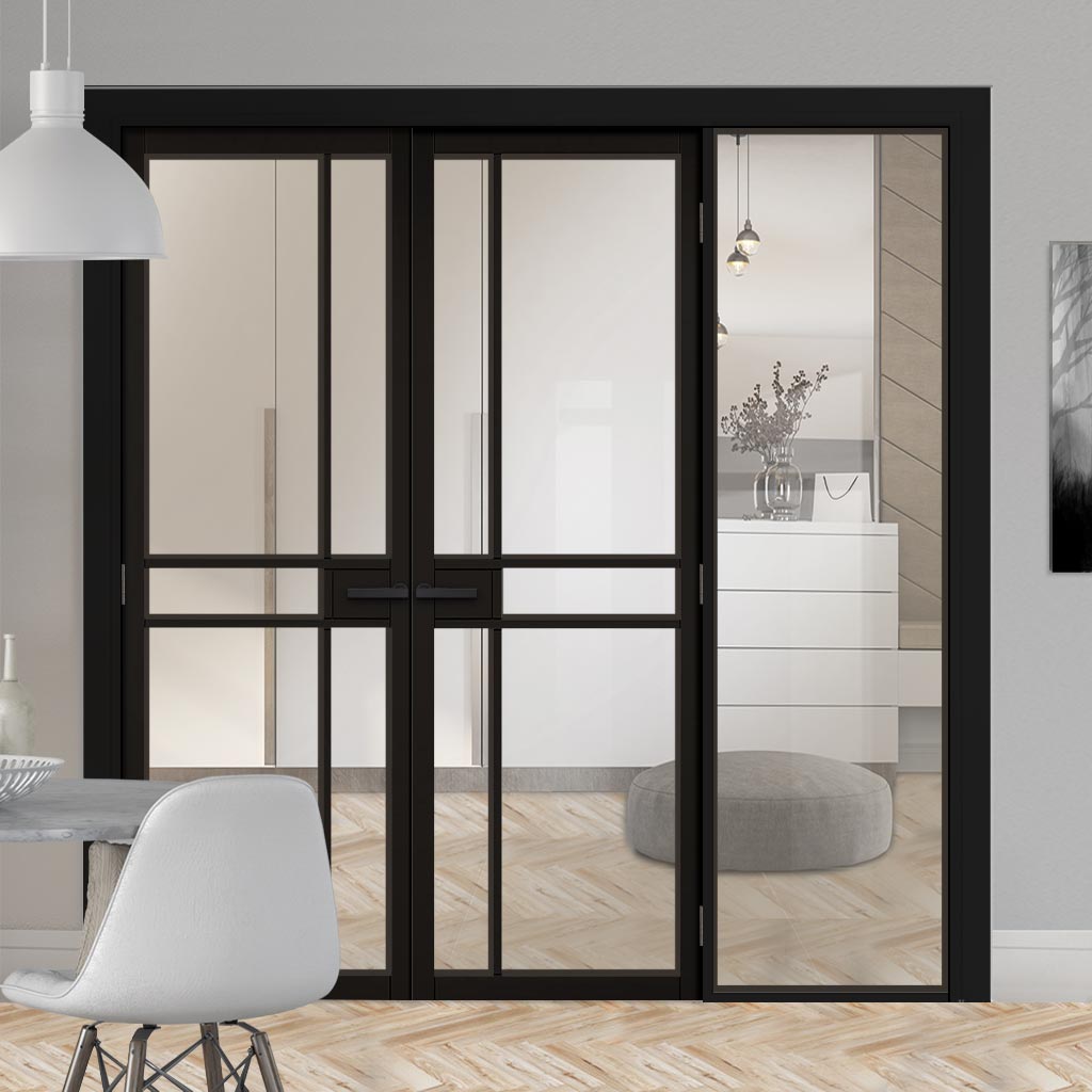 ThruEasi Black Room Divider - Greenwich Primed Clear Glass Unfinished Door Pair with Full Glass Side