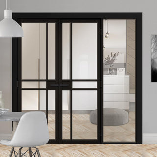 Image: ThruEasi Black Room Divider - Greenwich Primed Clear Glass Unfinished Door Pair with Full Glass Side