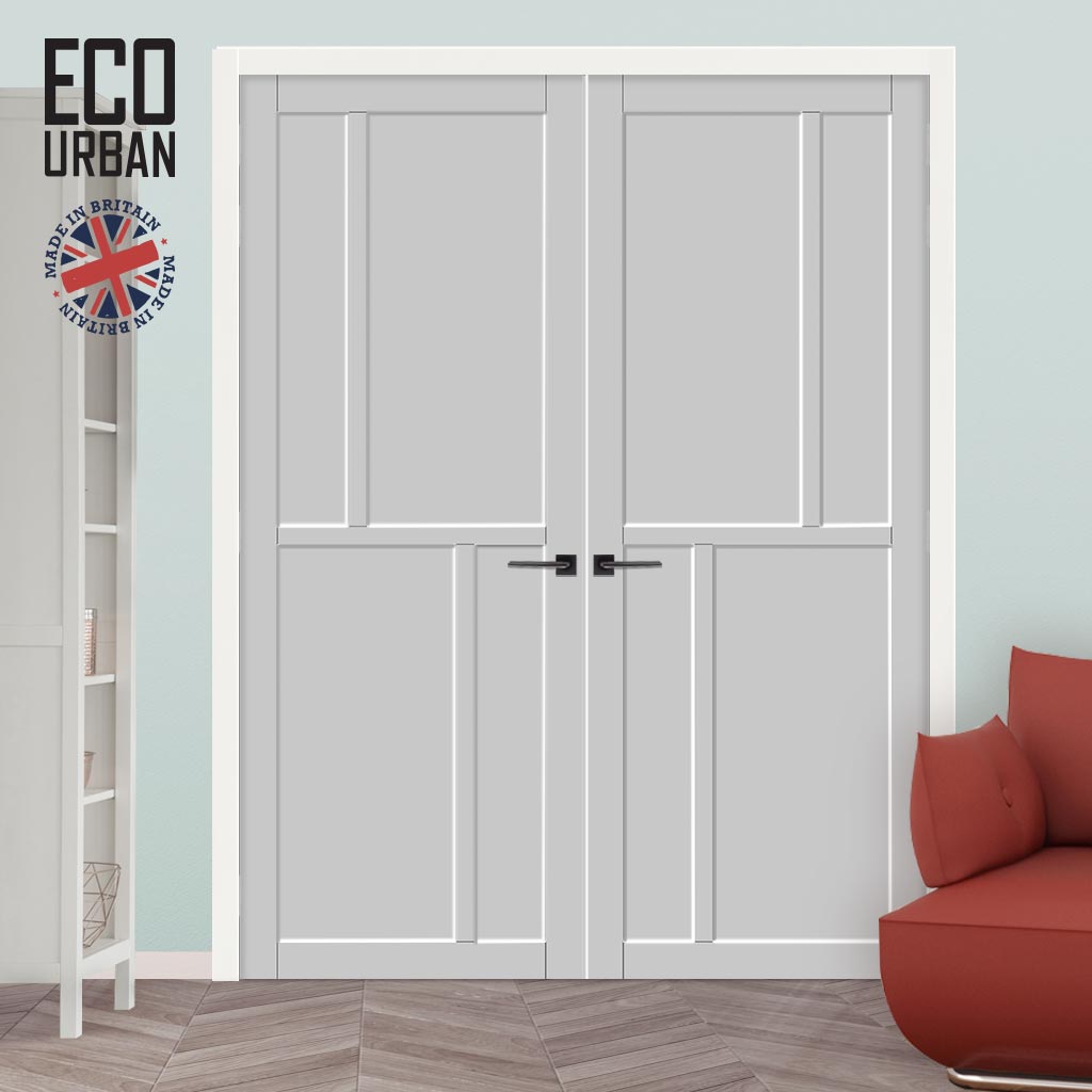 Hampton 4 Panel Solid Wood Internal Door Pair UK Made DD6413 - Eco-Urban® Mist Grey Premium Primed