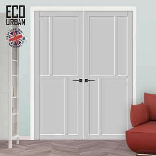 Image: Hampton 4 Panel Solid Wood Internal Door Pair UK Made DD6413 - Eco-Urban® Mist Grey Premium Primed