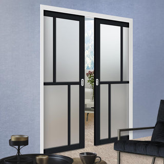 Image: Bespoke Handmade Eco-Urban® Hampton 4 Pane Double Evokit Pocket Door DD6413SG Frosted Glass - Colour Options