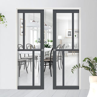 Image: Bespoke Handmade Eco-Urban® Hampton 4 Pane Double Evokit Pocket Door DD6413G Clear Glass - Colour Options
