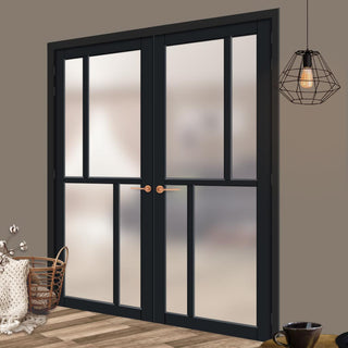 Image: Eco-Urban Hampton 4 Pane Solid Wood Internal Door Pair UK Made DD6413SG Frosted Glass - Eco-Urban® Shadow Black Premium Primed