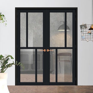 Image: Eco-Urban Hampton 4 Pane Solid Wood Internal Door Pair UK Made DD6413G Clear Glass - Eco-Urban® Shadow Black Premium Primed