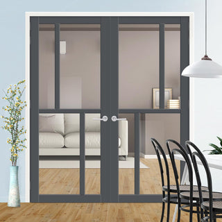Image: Eco-Urban Hampton 4 Pane Solid Wood Internal Door Pair UK Made DD6413G Clear Glass - Eco-Urban® Stormy Grey Premium Primed