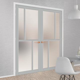 Image: Eco-Urban Hampton 4 Pane Solid Wood Internal Door Pair UK Made DD6413SG Frosted Glass - Eco-Urban® Mist Grey Premium Primed