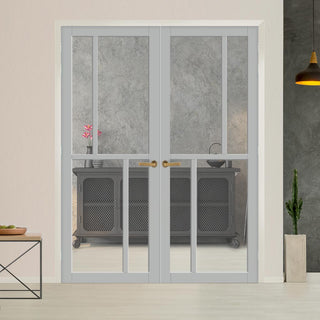 Image: Eco-Urban Hampton 4 Pane Solid Wood Internal Door Pair UK Made DD6413G Clear Glass  - Eco-Urban® Mist Grey Premium Primed