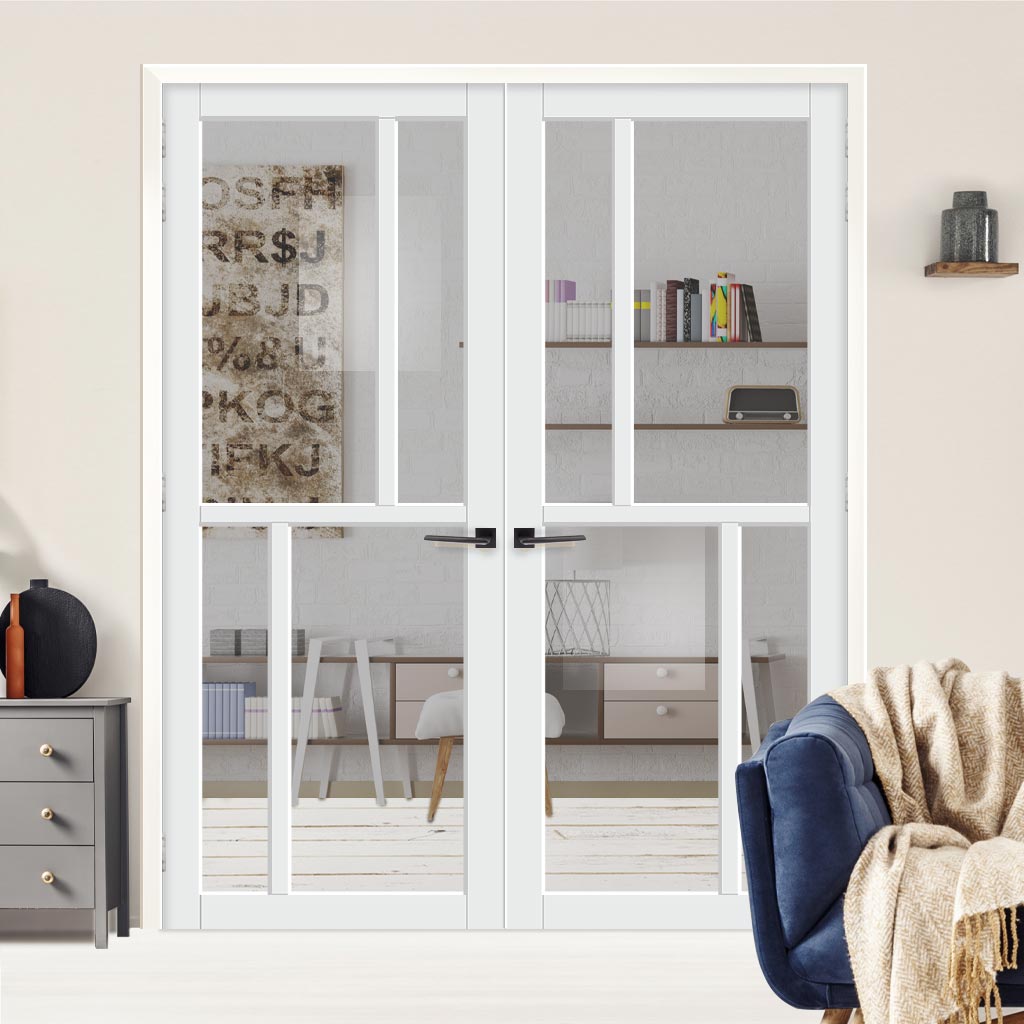 Eco-Urban Hampton 4 Pane Solid Wood Internal Door Pair UK Made DD6413G Clear Glass - Eco-Urban® Cloud White Premium Primed