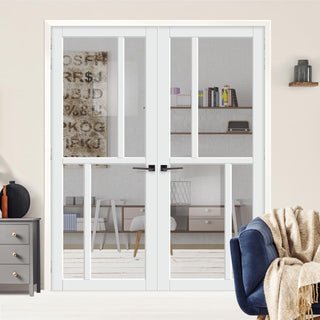 Image: Eco-Urban Hampton 4 Pane Solid Wood Internal Door Pair UK Made DD6413G Clear Glass - Eco-Urban® Cloud White Premium Primed